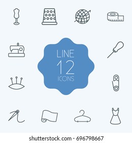 Set Of 12 Tailor Outline Icons Set.Collection Of Tremble, Pincushion, Crochet And Other Elements.