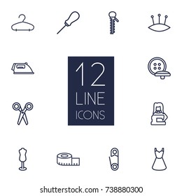 Set Of 12 Tailor Outline Icons Set.Collection Of Zipper, Awl, Buttons And Other Elements.