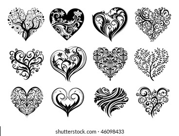 Set of 12 tattoo hearts, vector image.