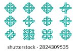 Set of 12 teal geometric map icons representing highway interchanges, complex road junctions, and navigation routes on a white background, designed for urban planning and cartography.