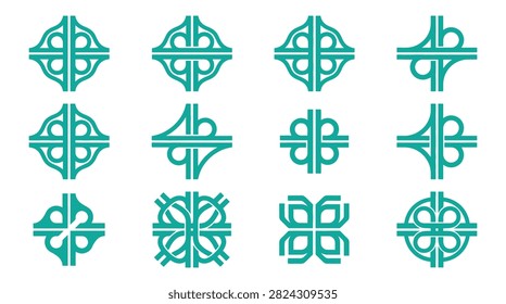 Set of 12 teal geometric map icons representing highway interchanges, complex road junctions, and navigation routes on a white background, designed for urban planning and cartography.