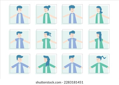 Set of 12 teenage characters inside a square made up of thin lines and the background a sky blue square, 6 female characters who are facing left and have green clothes, and 6 male characters in purple