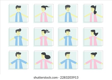 Set of 12 teenage characters who are inside a square formed by thin lines and the background a sky blue square, 6 blue males facing right and 6 pink females looking left