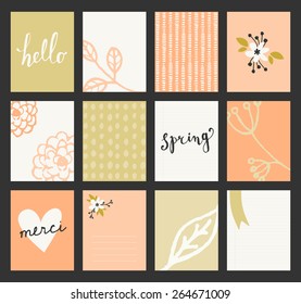 A set of 12 templates for greeting cards in pastel green, orange and white. Floral designs, hand lettering and abstract brush stroke patterns with space for text.