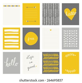 A set of 12 templates for greeting cards in yellow, gray and white. Floral designs, hand lettering and abstract brush stroke patterns with space for text.