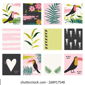 A set of 12 templates for greeting cards in yellow, gray and white. Floral designs, hand lettering and abstract brush stroke patterns with space for text.