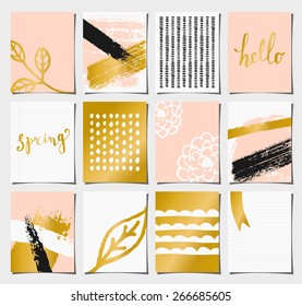 A set of 12 templates for greeting/journaling cards in pastel pink, golden, black and white. Floral designs, hand lettering and abstract brush stroke patterns with space for text.