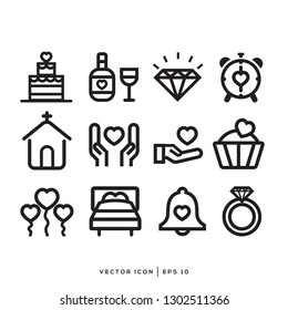 Set 12 Thin Line Love Icons, Couple and Heart Signs. Valentines Day Symbols - Vector Design