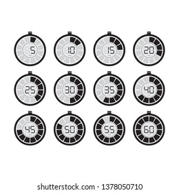 Set of 12 timers with different time intervals - flat black and white design