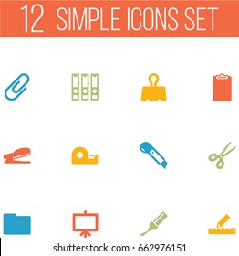 Set Of 12 Tools Icons Set.Collection Of Binder, Sticky, Knife And Other Elements.