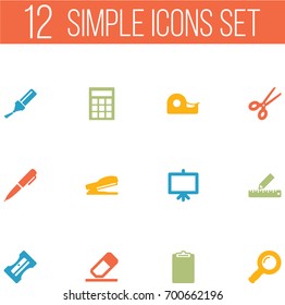 Set Of 12 Tools Icons Set.Collection Of Zoom Glasses, Ink, Rubber And Other Elements.