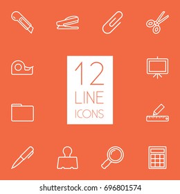 Set Of 12 Tools Outline Icons Set.Collection Of Puncher, Zoom Glasses, Calculator And Other Elements.