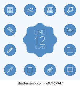 Set Of 12 Tools Outline Icons Set.Collection Of Puncher, Whiteboard, Zoom Glasses And Other Elements.