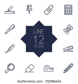 Set Of 12 Tools Outline Icons Set.Collection Of Calculator, Zoom Glasses, Sharpener And Other Elements.