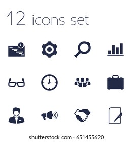 Set Of 12 Trade Icons Set.Collection Of Graph, Spectacles, Suitcase And Other Elements.