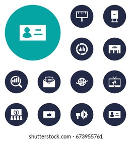 Set Of 12 Trade Icons Set.Collection Of Placard, Loudspeaker, Message And Other Elements.