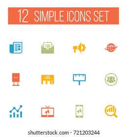 Set Of 12 Trade Icons Set.Collection Of Ads, Loudspeaker, World And Other Elements.