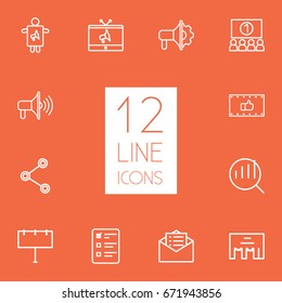 Set Of 12 Trade Outline Icons Set.Collection Of Audience, Worker, Billboard And Other Elements.