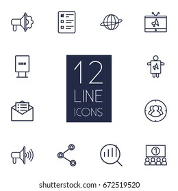 Set Of 12 Trade Outline Icons Set.Collection Of Stand, Audience, Social Media Ads Elements.