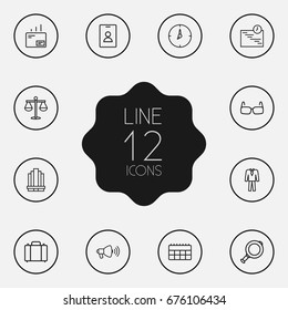 Set Of 12 Trade Outline Icons Set.Collection Of Glasses, Calendar, Suit And Other Elements.
