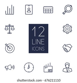 Set Of 12 Trade Outline Icons Set.Collection Of Handshake, Businessman, Target Elements.