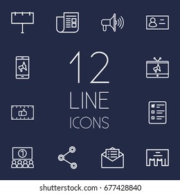 Set Of 12 Trade Outline Icons Set.Collection Of Audience, Direct Message, Social Media Ads And Other Elements.