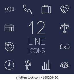 Set Of 12 Trade Outline Icons Set.Collection Of Suit, Loudspeaker, Target And Other Elements.