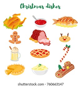 Set of 12 traditional christmas dishes. Turkey, cranberry sauce, fried fish, gingerbread man, ham, cookie, eggnog, cherry pie, candy stick, pumpkin pie, mashed potatoes, yule log.