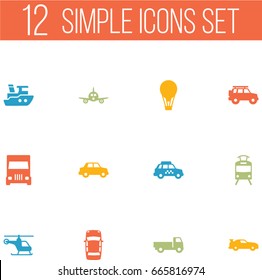 Set Of 12 Traffic Icons Set.Collection Of Aircraft, Panorama, Airship And Other Elements.