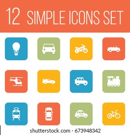 Set Of 12 Traffic Icons Set.Collection Of Copter, Hatchback, Taxicab And Other Elements.