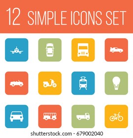 Set Of 12 Traffic Icons Set.Collection Of Streetcar, Cabriolet, Aircraft And Other Elements.