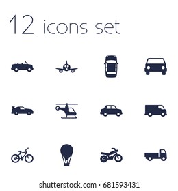 Set Of 12 Traffic Icons Set.Collection Of Lorry, Coupe, Caravan And Other Elements.