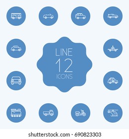 Set Of 12 Traffic Outline Icons Set.Collection Of Taxi, Truck, Airplane And Other Elements.