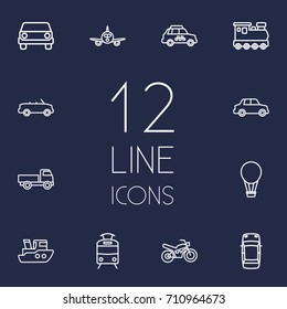 Set Of 12 Traffic Outline Icons Set.Collection Of Cabriolet, Airplane, Motorcycle And Other Elements.