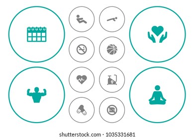 Set of 12 training icons set. Collection of exercise bike, basketball, pulse and other elements.