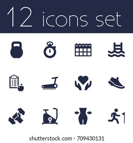 Set Of 12 Training Icons Set.Collection Of Training Bicycle, Running, Basin And Other Elements.