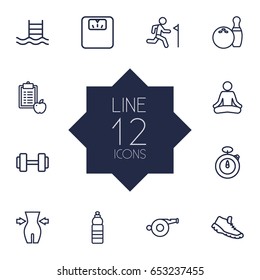 Set Of 12 Training Outline Icons Set.Collection Of Whistle, Trekking Shoes, Weight Loss And Other Elements.