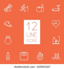 Set Of 12 Training Outline Icons Set.Collection Of Trekking Shoes, Exercise Bike, Pool And Other Elements.