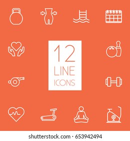 Set Of 12 Training Outline Icons Set.Collection Of Whistle, Weight Loss, Pulse And Other Elements.