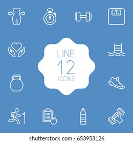 Set Of 12 Training Outline Icons Set.Collection Of Workout, Scales, Stopwatch And Other Elements.