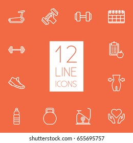 Set Of 12 Training Outline Icons Set.Collection Of Running Track, Diet, Exercise Bike And Other Elements.