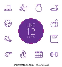 Set Of 12 Training Outline Icons Set.Collection Of Running Track, Trekking Shoes, Scales And Other Elements.