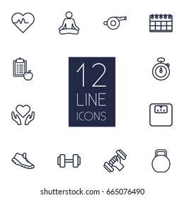 Set Of 12 Training Outline Icons Set.Collection Of Kettlebells, Dumbbell, Stopwatch And Other Elements.