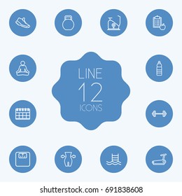 Set Of 12 Training Outline Icons Set.Collection Of Diet, Kettlebells, Barbell And Other Elements.