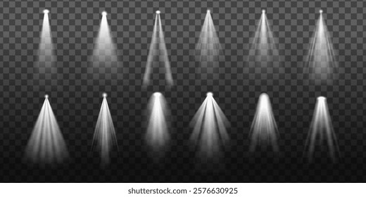 Set of 12 transparent spotlight effects on a checkered background. Spotlights vary in intensity and direction, creating diverse lighting effects. Overlay effect vector element set.