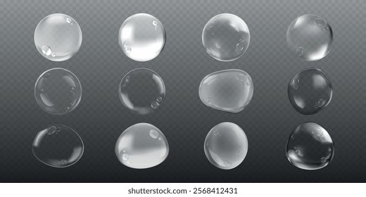 Set of 12 transparent water droplets on a gray background. Water droplets vary in shape and size. Realistic water droplets for design use. Soap bubble element vector set.