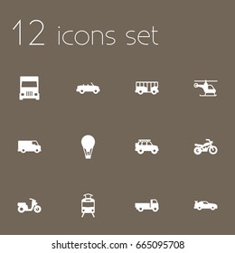 Set Of 12 Transport Icons Set.Collection Of Streetcar, Copter, Scooter And Other Elements.