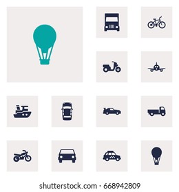 Set Of 12 Transport Icons Set.Collection Of Motorbike, Aircraft, Taxicab And Other Elements.
