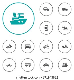 Set Of 12 Transport Icons Set.Collection Of Bicycle, Hatchback, Aircraft And Other Elements.