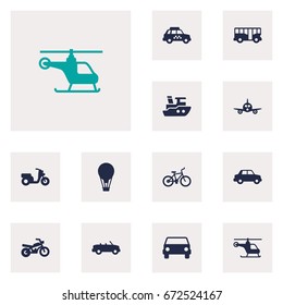 Set Of 12 Transport Icons Set.Collection Of Bicycle, Scooter, Motorbike And Other Elements.